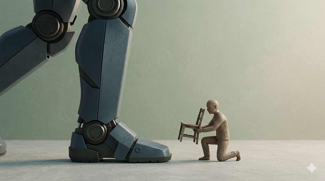 압도적인 크기의 무채색 금속성 거인(AI)의 발치에 눈을 감고 무릎 꿇고 엎드려 작고 낡은 나무 의자를 정중히 바치는 나약한 점토 질감의 인간(돌)의 모습. 차가운 논리의 빛이 인간을 감싸고 있으며, 미니멀한 세이지 그린과 베이지 톤의 배경.