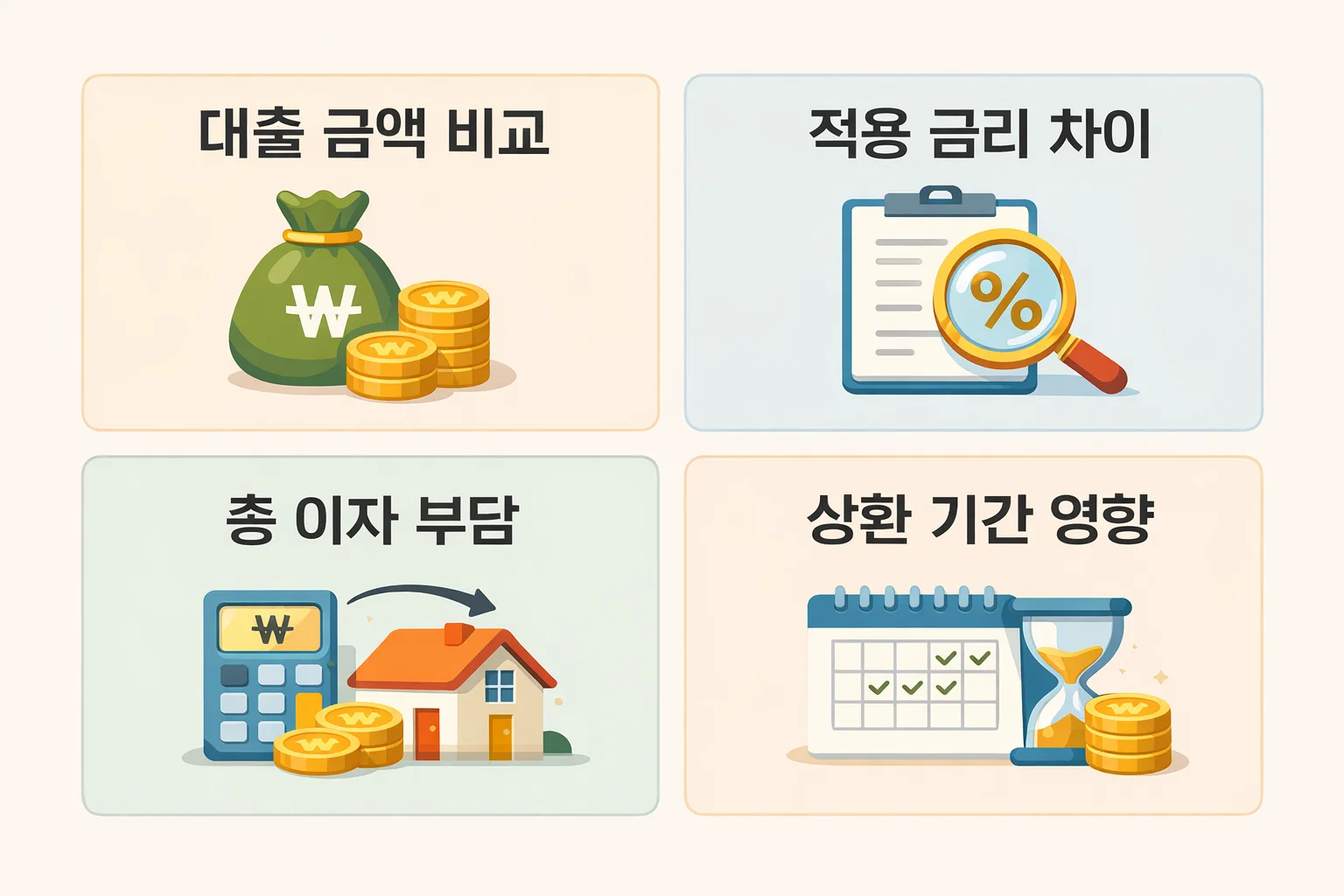 정부지원대출의 적용금리와 상환기간 차이를 실제 계산으로 비교한 이미지