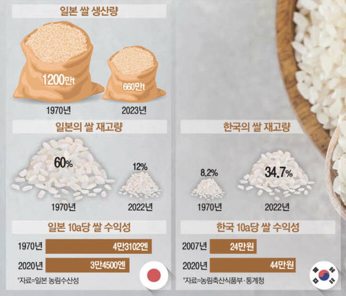 쌀 과잉생산 문제 관련 일본과 한국 비교 (출처 : 매일경제)