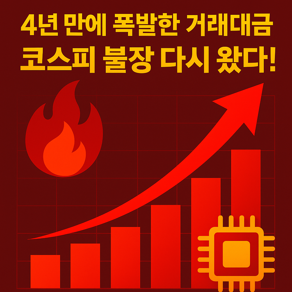 붉은 상승 그래프 + 반도체 칩 아이콘