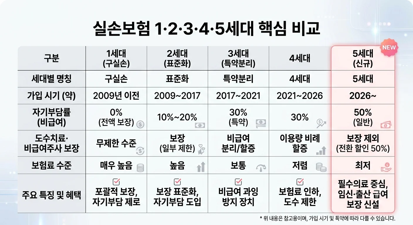 실손의료보험 1세대 2세대 3세대 4세대 5세대 보장 범위 및 보험료 비교표