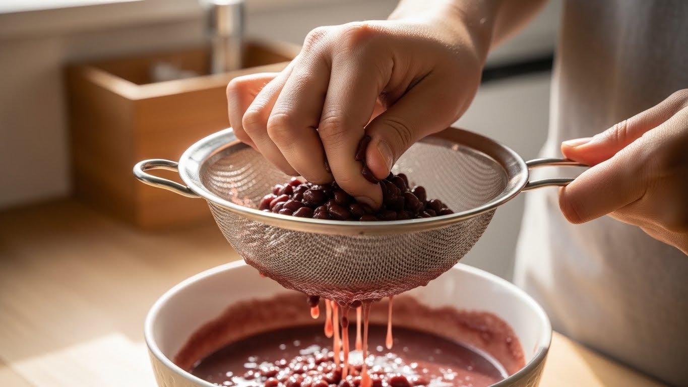 삶은 팥을 체에 내려 부드러운 팥물을 만드는 과정