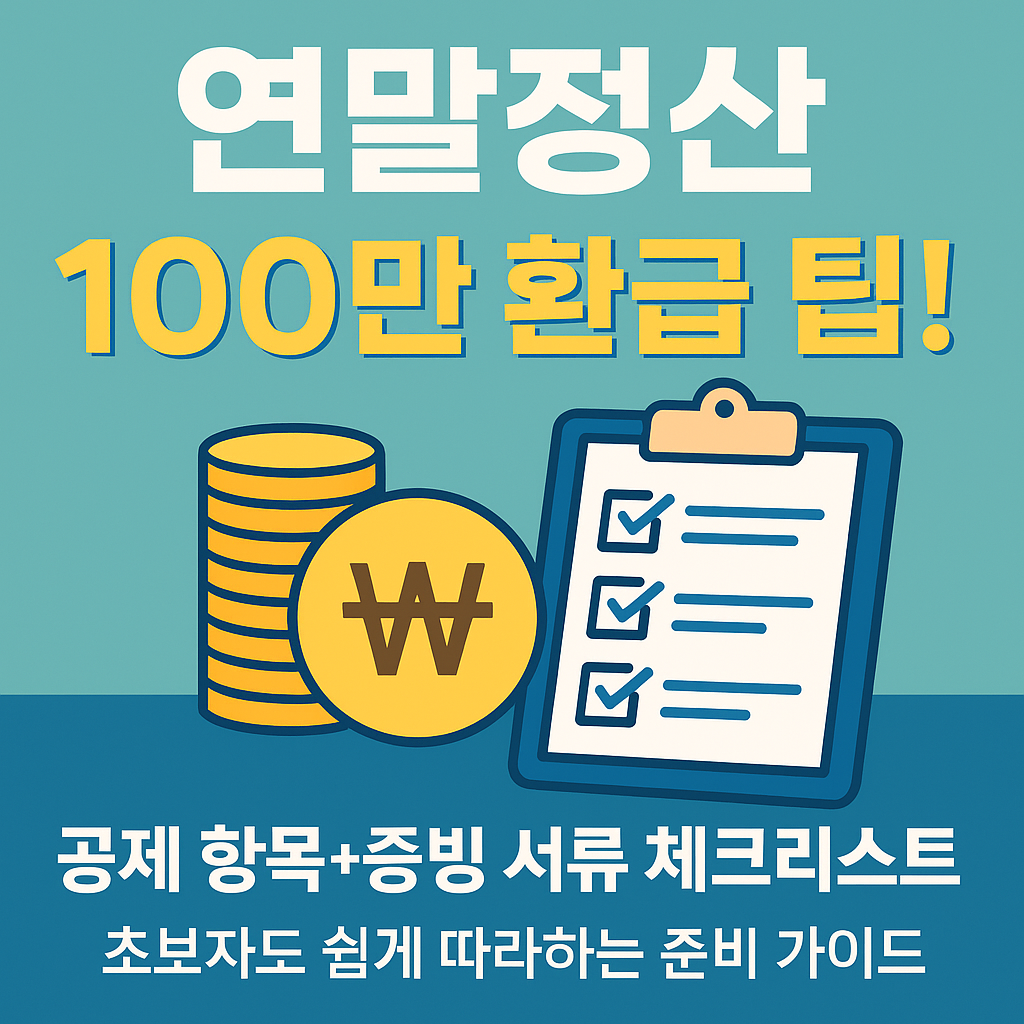 &ldquo;연말정산 100만 환급 팁! 공제 항목과 증빙 서류 체크리스트를 안내하는 썸네일 이미지, 동전과 체크리스트 아이콘으로 구성된 디자인&rdquo;