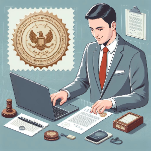 정장을 차려입은 남성이 노트북과 문서를 번갈아 보며 서류를 검토하는 비즈니스 장면입니다.