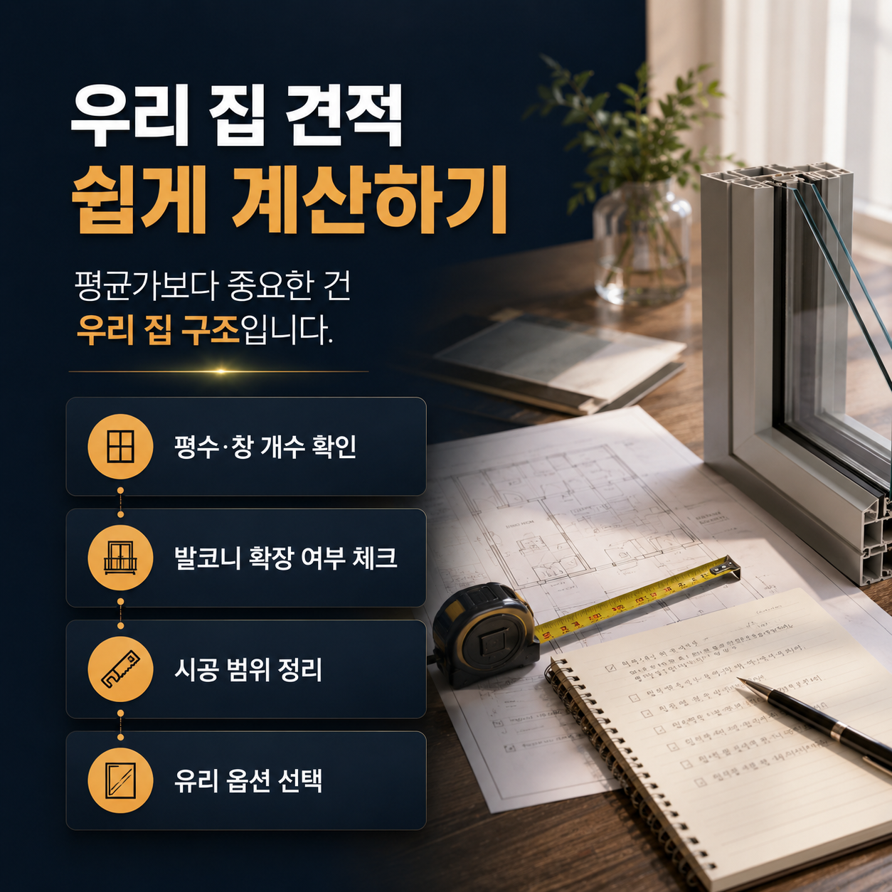우리 집 견적 쉽게 계산하기. 평수 및 창 개수 확인, 발코니 확장 여부 체크, 시공 범위 정리, 유리 옵션 선택 등 평균가보다 중요한 우리 집 구조 파악 4단계 체크리스트와 건축 도면 배경.