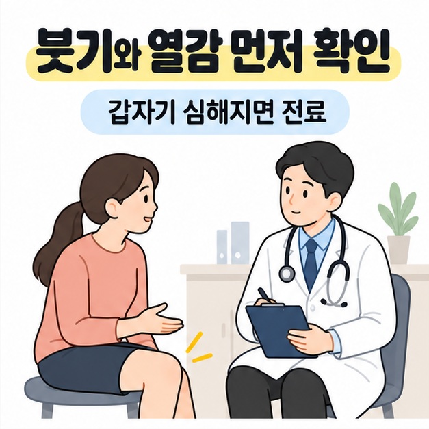 환자가 의료진에게 무릎 증상을 설명하는 장면과 붓기와 열감이 갑자기 심해지면 진료받으라는 안내
