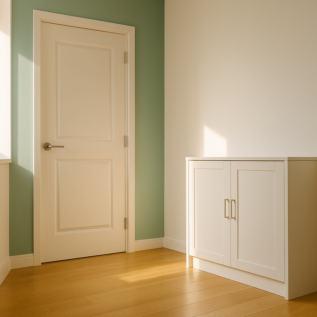 화이트톤 현관에 연한 민트색 포인트 컬러가 들어간 밝은 인테리어