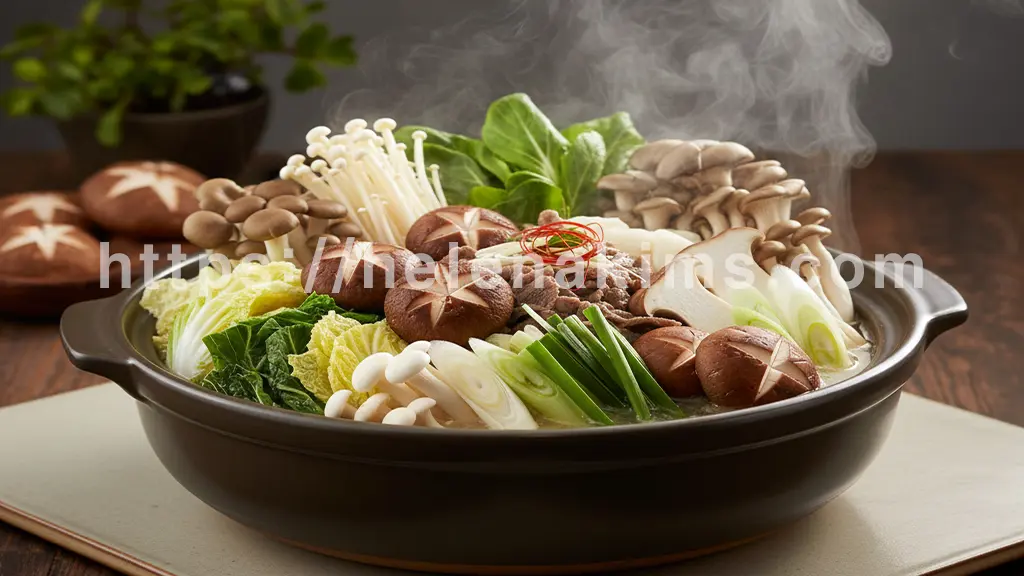 김이 오르는 버섯전골의 먹음직스러운 모습. 다채로운 색감의 표고버섯, 느타리버섯, 새송이버섯이 신선한 채소와 함께 건강하고 자연 친화적인 이미지.