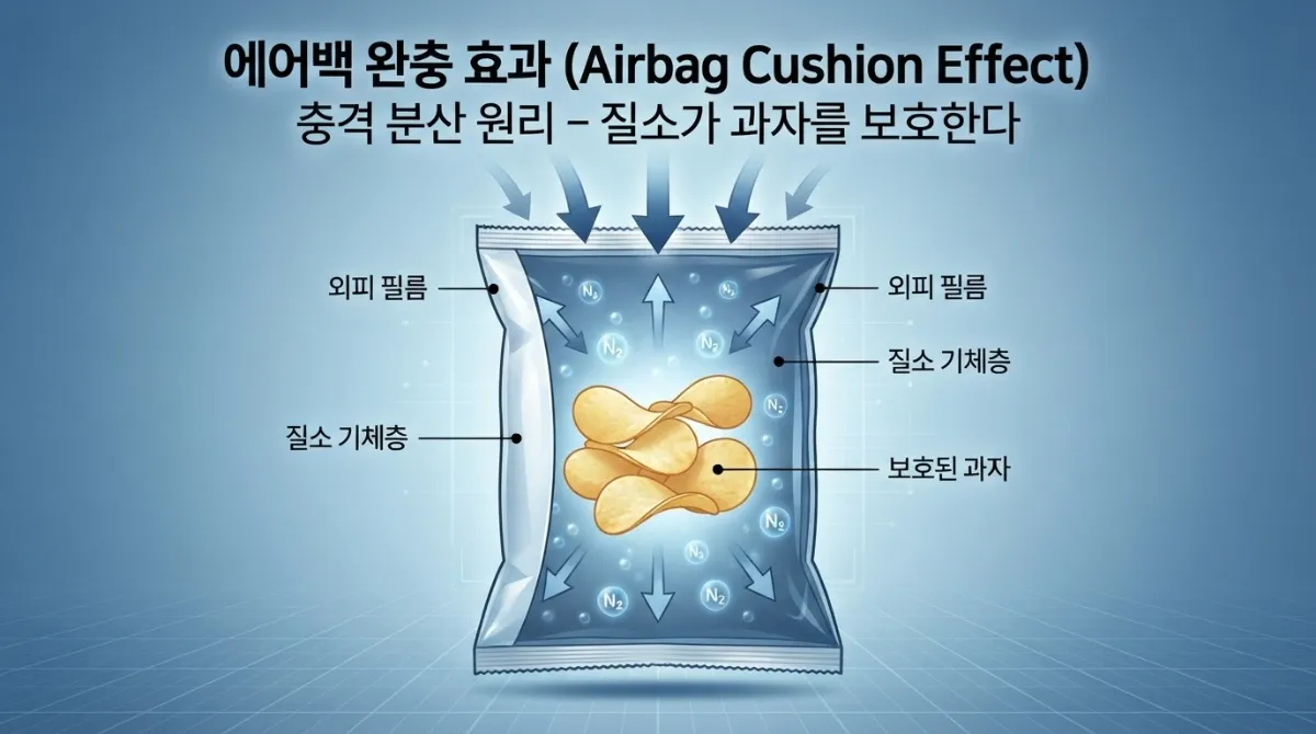 운송 중 물리적 충격을 분산하는 과자 봉지 내부의 질소 기체층 단면 구조와 에어백 완충 원리