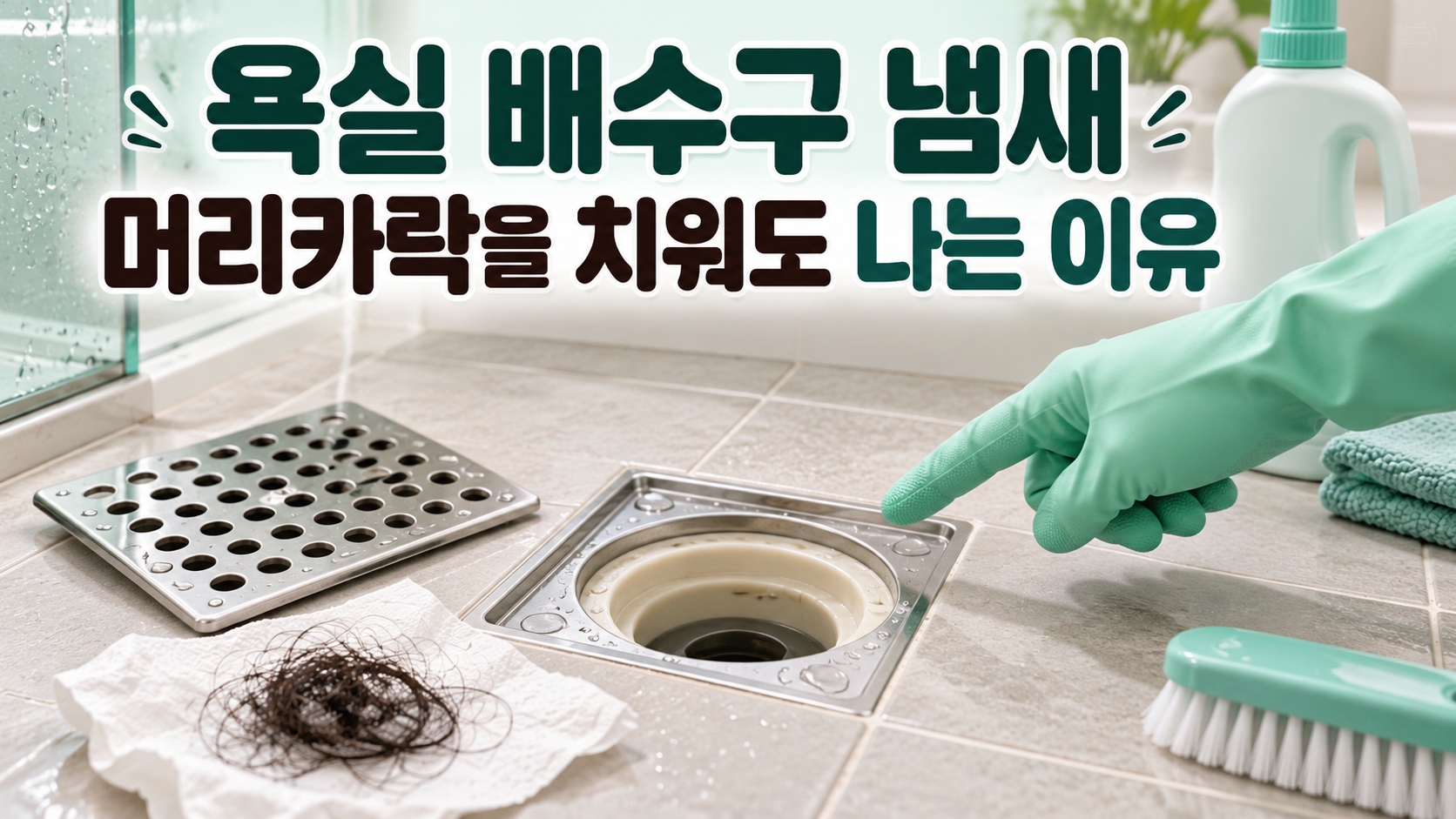 머리카락을 제거한 욕실 배수구와 청소 도구를 보여주는 대표이미지