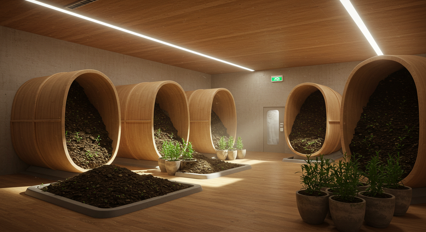 현대적이고 깔끔한 실내 공간에 여러 개의 큰 나무통이 놓여 있으며, 각 통에는 흙과 식물이 채워져 있다. 이는 시신을 퇴비로 전환하는 친환경 장례 방식인 '리컴포지션' 시설을 연상시킨다.