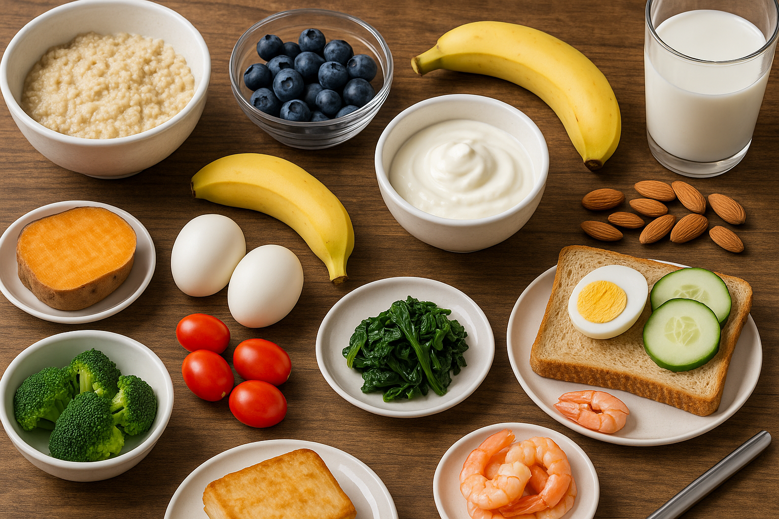 10가지 다이어트 아침 식단을 실제 식탁 위에 자연스럽게 배치한 사진, 오트밀, 삶은 달걀, 고구마, 블루베리, 브로콜리, 시금치, 닭가슴살, 그릭 요거트, 새우, 토스트 등이 균형 잡힌 구도로 담겨 건강한 하루의 시작을 시각적으로 표현합니다.