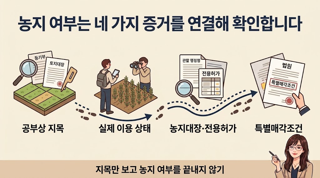 농지 여부는 네 가지 증거를 연결해 확인합니다.