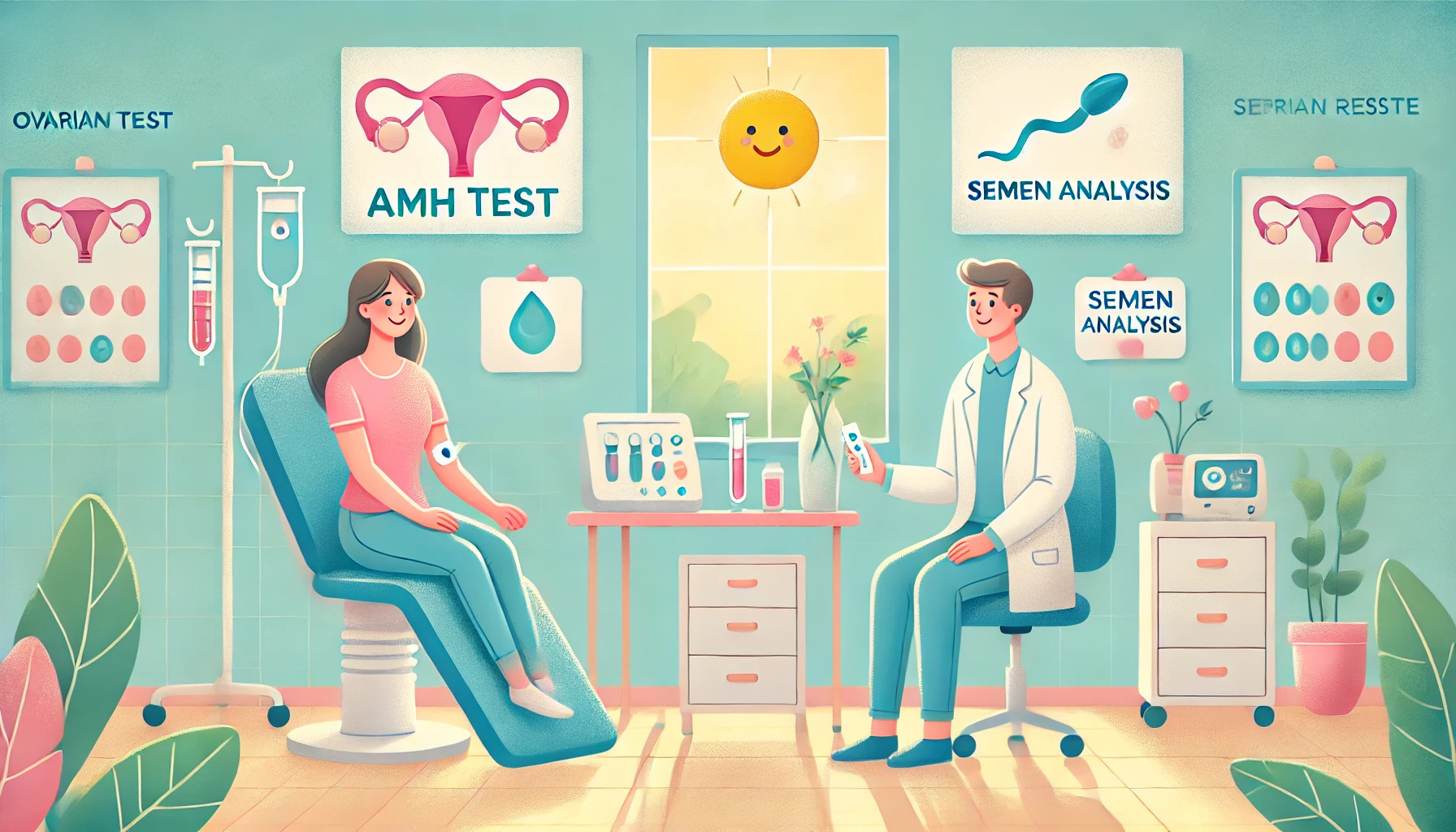 밝은 클리닉에서 진행되는 여성 AMH 검사와 남성 정액 검사 일러스트