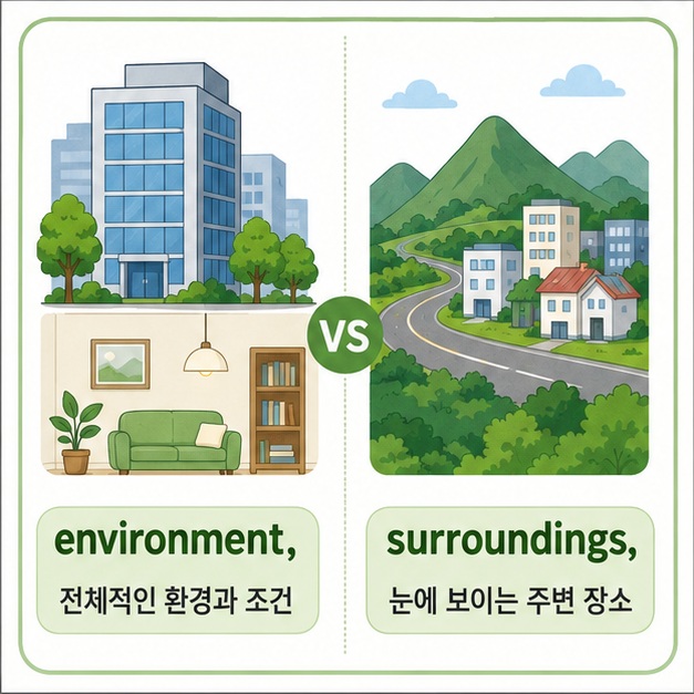 전체적인 조건을 뜻하는 environment와 눈에 보이는 주변 장소를 뜻하는 surroundings의 차이를 비교한 그림