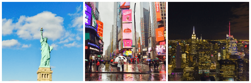자유의 여신상, 타임스퀘어, 뉴욕 야경 사진