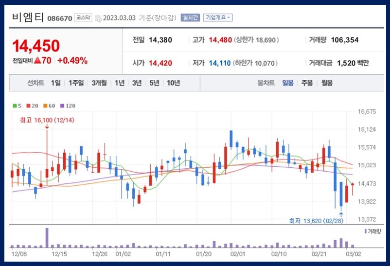 비엠티 일봉차트