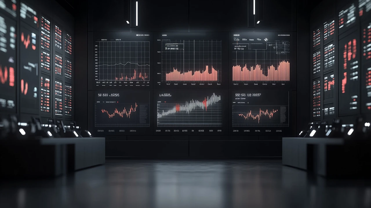 최신 주식시장에서 AI 기술의 혁신과 잠재력이 돋보이는 주식 그래프와 통계는 긍정적이고 전문적인 분위기를 전달합니다.