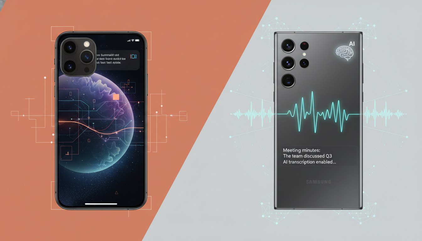 아이폰의 통화 요약 기능과 갤럭시 AI 통화 녹음 기능을 대비시키는 분할 이미지. 아이폰 측은 텍스트 요약, 갤럭시 측은 녹음 파형과 AI 통역 기능을 시각적으로 표현하여 두 기술의 차이점을 강조합니다.