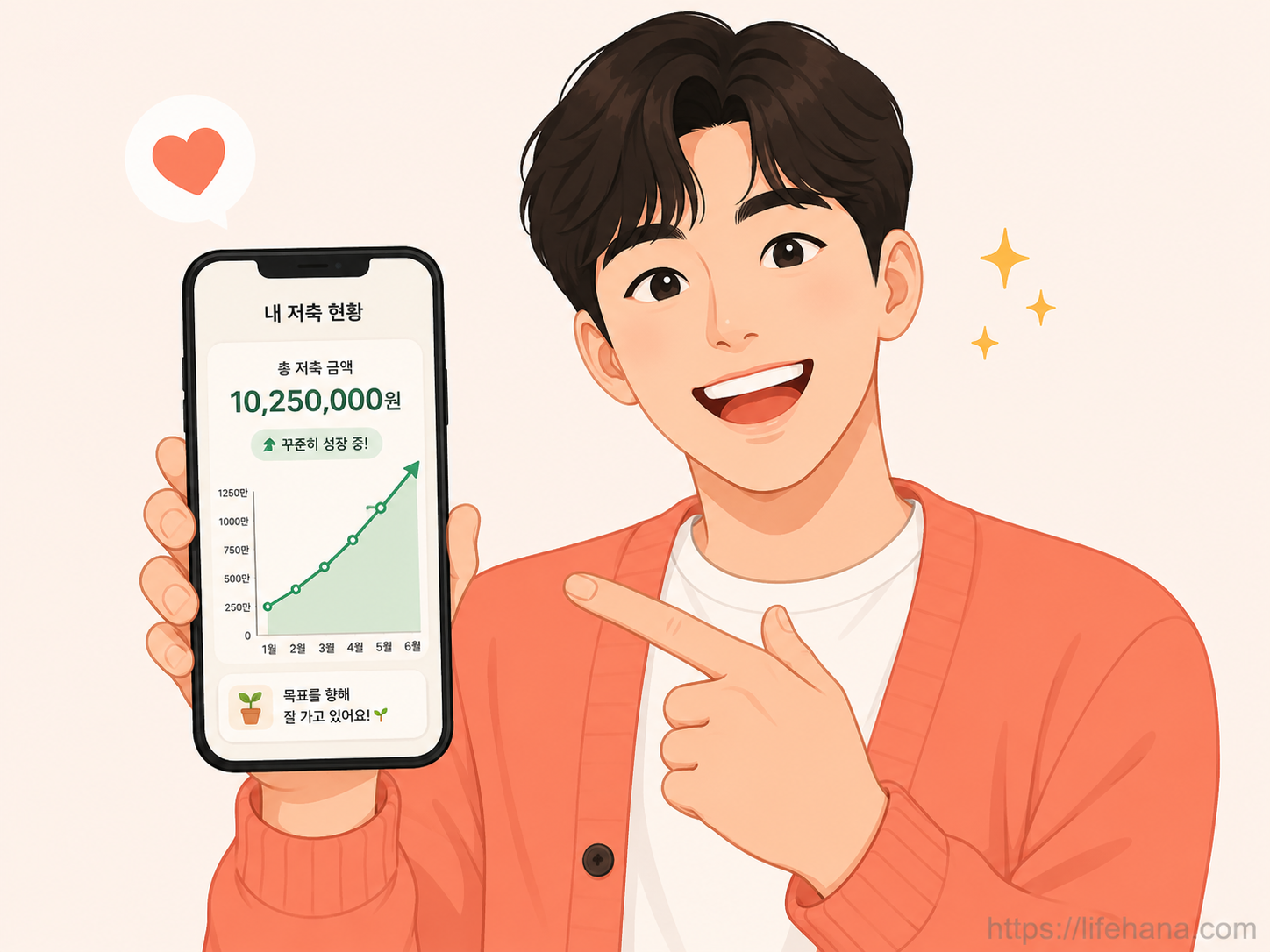 청년미래적금을 바라보며 미소 짓는 청년과 목돈 마련 목표 일러스트