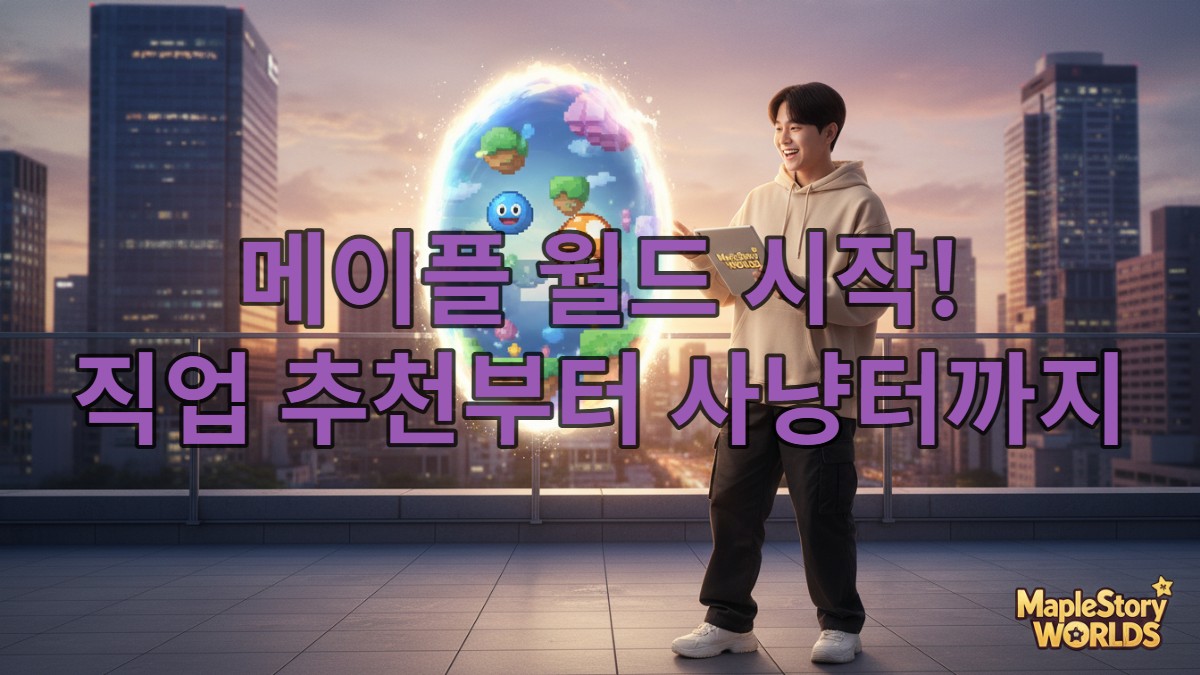 2026년 서울의 현대적인 배경에서 한 젊은 한국인이 태블릿을 들고 메이플스토리 월드 포털을 설레는 표정으로 바라보는 모습
