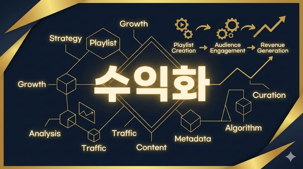 유튜브 플레이리스트 수익화 전략과 알고리즘 최적화를 통한 시청 시간 증대 방법 인포그래픽 디자인