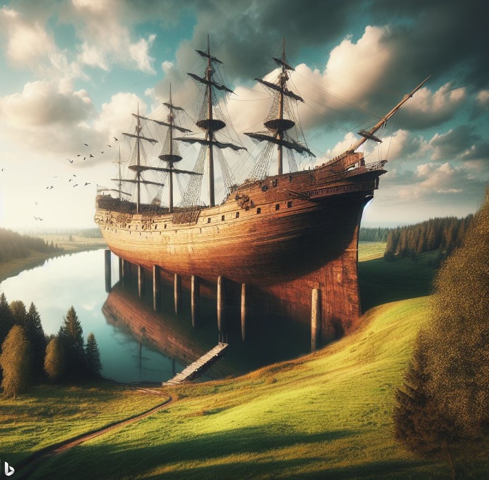 육지에 정박한 배(made by Bing)