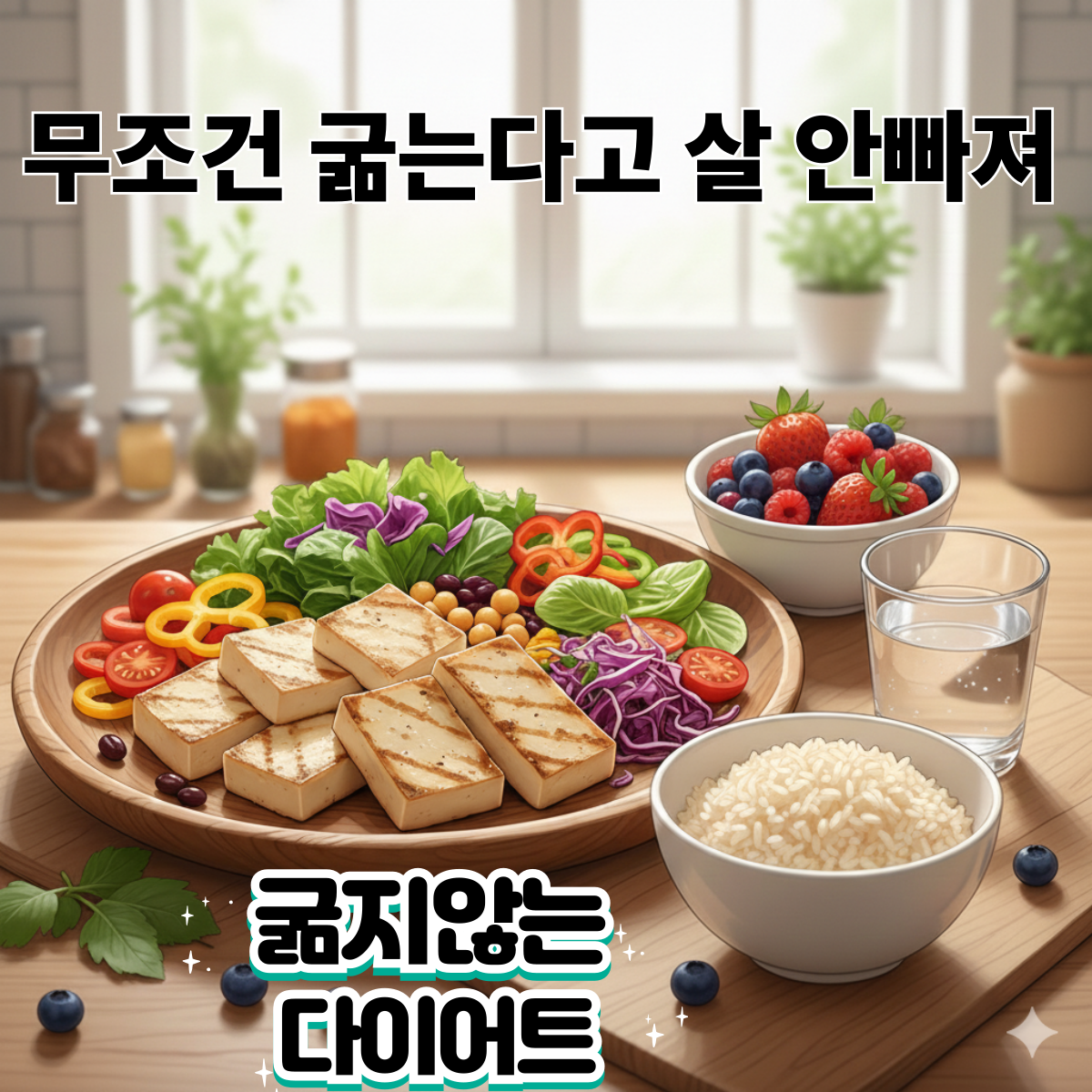 다이어트 식단 가이드, 두부와 과일 채소가 놓인 건강한 접시 이미지와 ‘굶지 않는 다이어트’ 문구가 강조된 일러스트