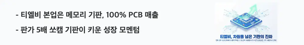 티엘비 주가 전망: &rdquo;판가 5배 쏘캠 기판이 키운 성장 모멘텀"이라는 문구가 포함된 웹배너 이미지. 이 이미지는 티엘비의 메모리 기판 사업 구조와 쏘캠 기판의 높은 수익성을 시각적으로 전달하며, 블로그의 티엘비 사업 구조 분석과 관련된 내용을 설명함
