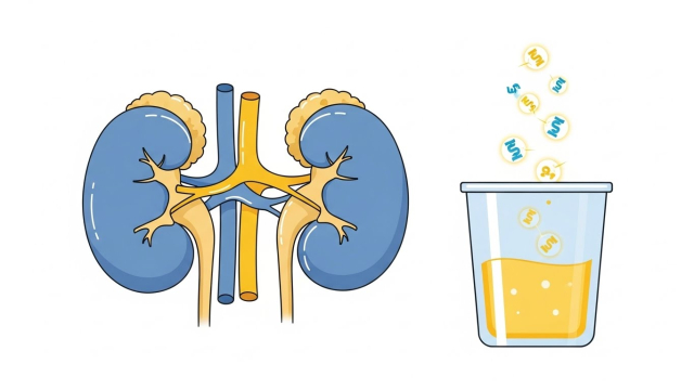 소변 알부민 검사와 콩팥 아이콘을 함께 보여주는 일러스트