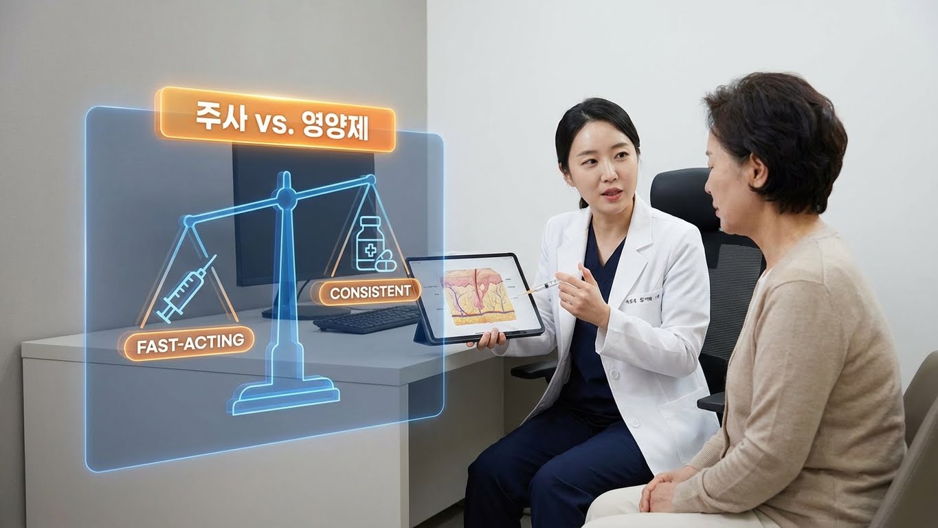 의사가 환자에게 비타민 D 주사를 설명하는 사진