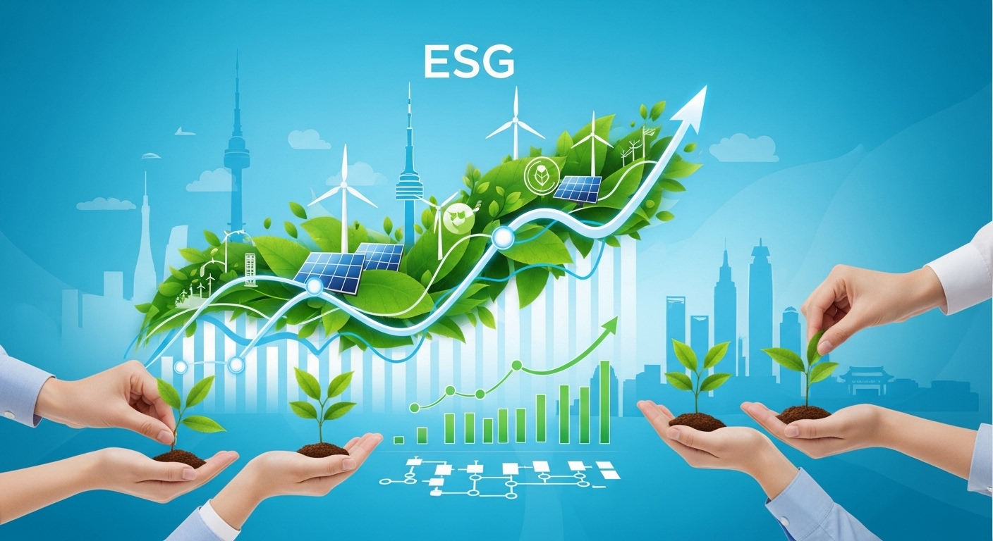 2025년 국내 친환경 ETF 투자 및 ESG 포트폴리오 구성을 상징하는 이미지. 푸른 잎과 그래프, 한국 도시 풍경이 어우러져 지속 가능한 성장을 나타냄.