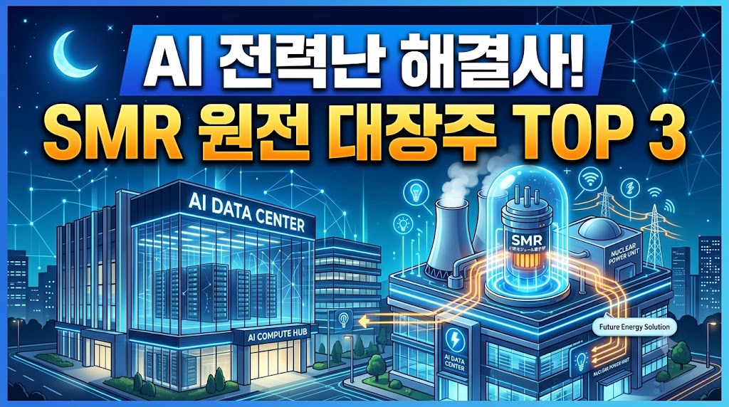 깔끔한 AI 데이터센터 건물 느낌에 소형 원자로 그래픽이 얹어진 이미지. "AI 전력난 해결사! SMR 원전 대장주 TOP 3" 문구가 들어간 썸네일.