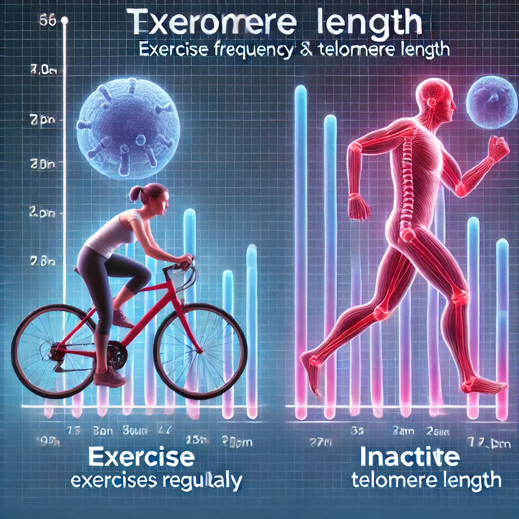 규칙적인 운동과 비활동적인 그룹의 텔로미어 길이 차이를 보여주는 과학적 그래프.