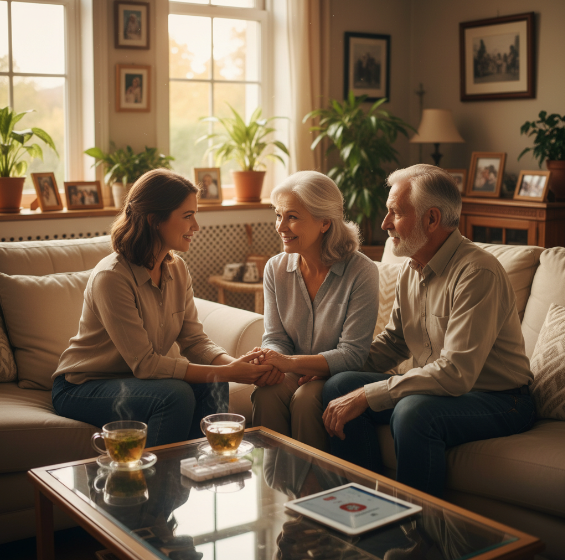 부모님과 눈을 맞추며 생활 루틴을 부드럽게 안내하는 보호자의 모습