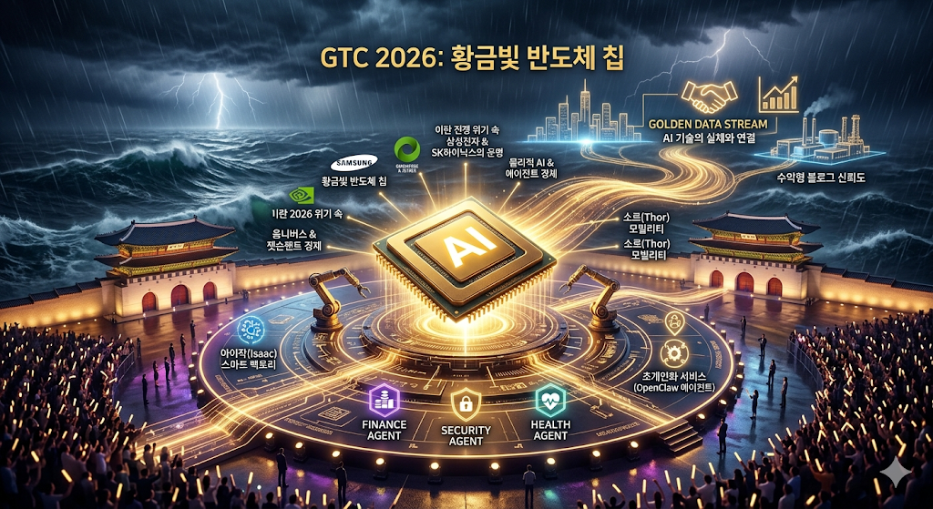 GTC 2026에서 공개된 엔비디아 루빈(Rubin) 슈퍼칩과 옴니버스, 젯슨 플랫폼이 이란 전쟁 위기 속에서도 황금빛으로 빛나며 글로벌 스마트 공장, 자율주행 모빌리티, 초개인화된 금융 및 의료 에이전트 서비스와 유기적으로 연결되어 데이터를 주고받는 '에이전트 경제(Agent Economy)' 생태계 전경 시각화. 차가운 기술이 아닌, 신뢰와 연결, 풍요로움을 강조하는 따뜻하고 세련된 그래픽 스타일로 구현함