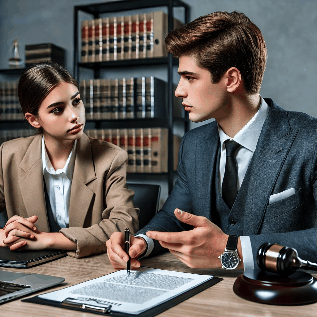대학생이 법률 전문가와 계약서를 검토하며 조언을 듣는 진지한 분위기의 사무실 장면