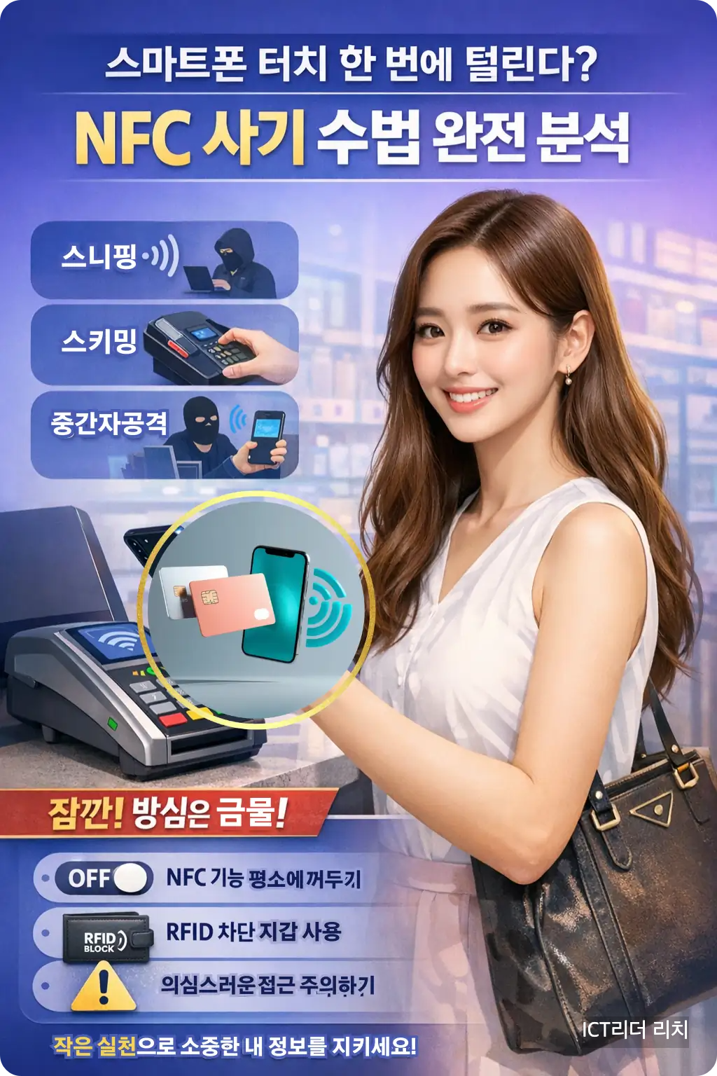 스마트폰 NFC 결제를 사용하는 20대 여성이 결제 단말기 앞에서 휴대폰을 터치하는 모습과 함께 스니핑, 스키밍, 중간자 공격 등 NFC 카드결제 사기 수법을 한눈에 정리한 인포그래픽