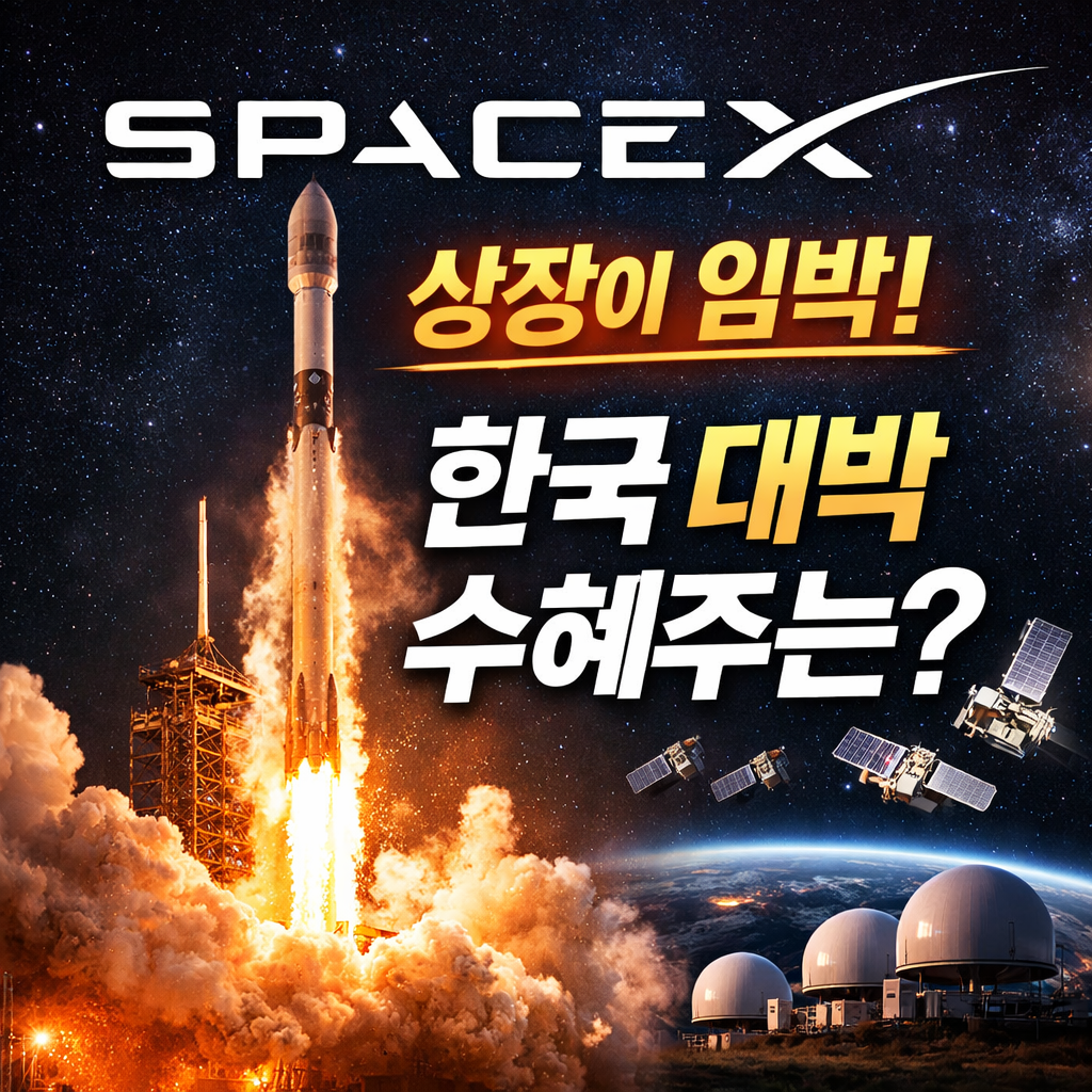 SpaceX 상장 가능성과 한국 관련주 분석, 스타링크 위성과 우주 산업 성장 테마를 설명하는 투자 썸네일 이미지