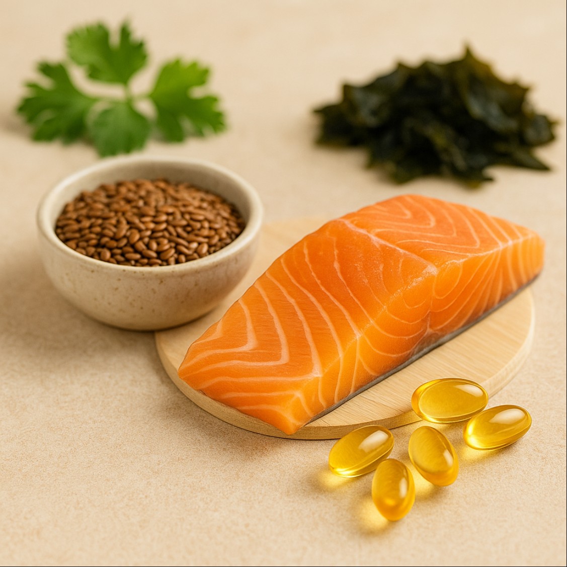 오메가3 DHA와 EPA 차이를 보여주는 자연식 원료 이미지 – 연어, 아마씨, 해조류, 오메가3 캡슐