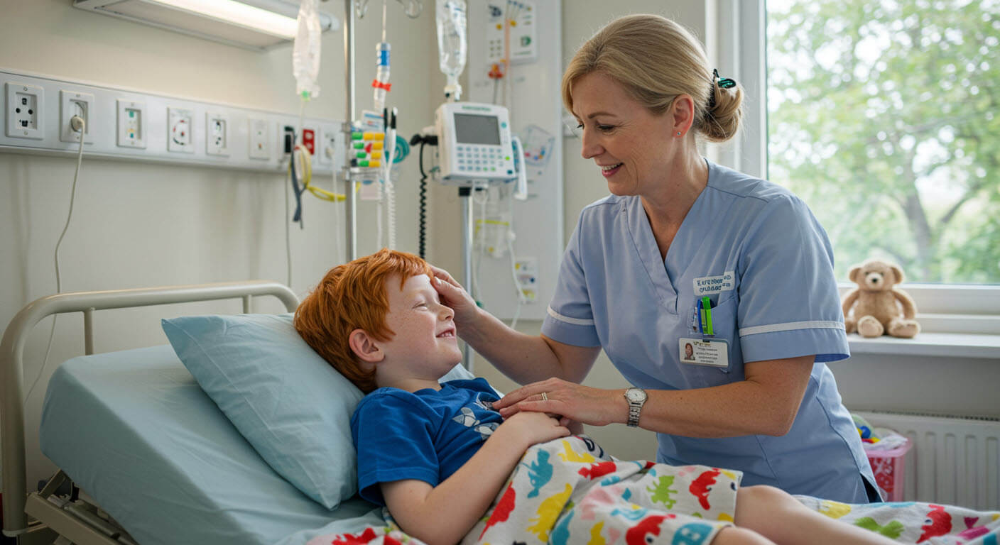 남자아이가 병원침실에 누워인가 간호사가 검사중