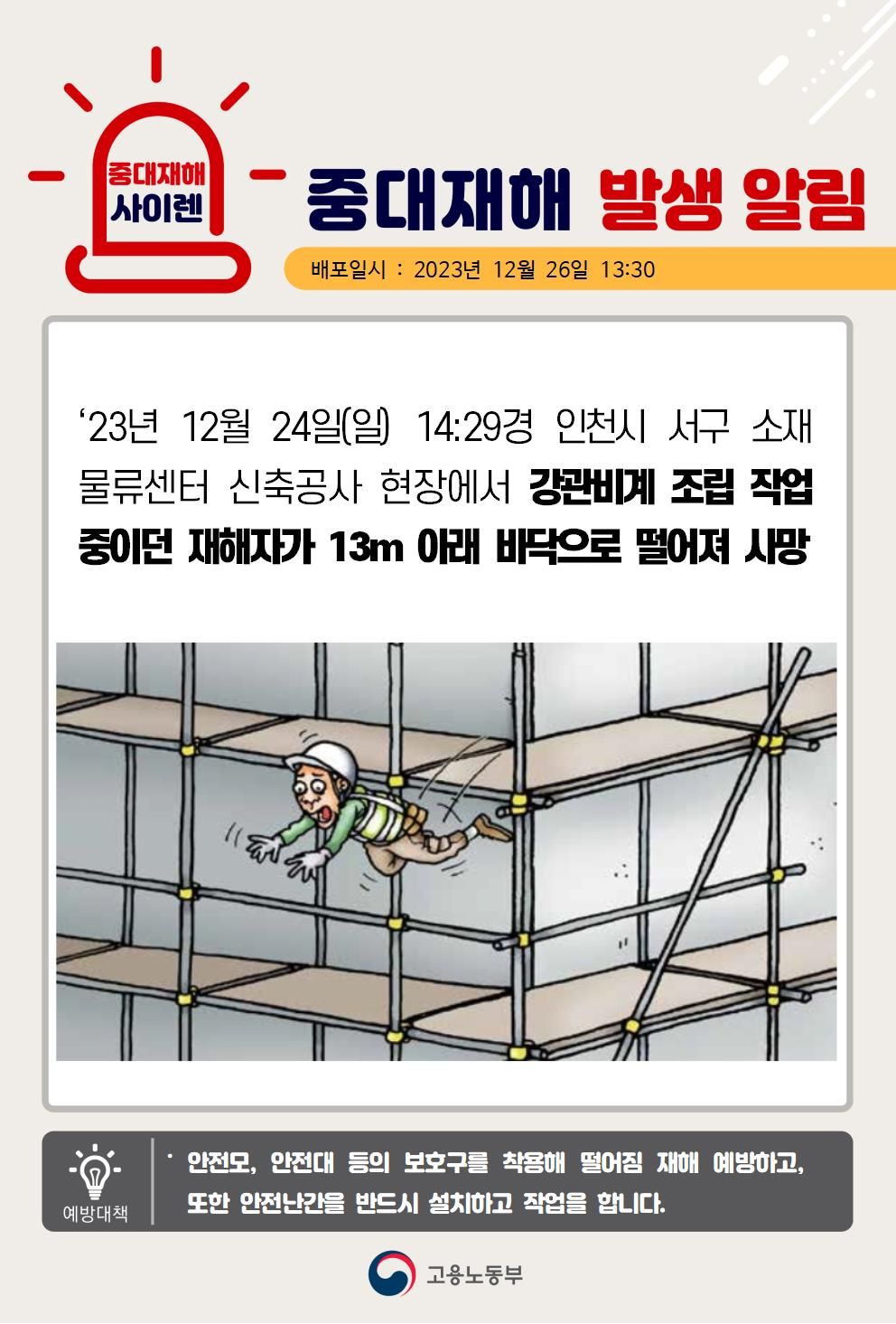 강관비계 조립 작업 중 바닥으로 떨어짐(13m)