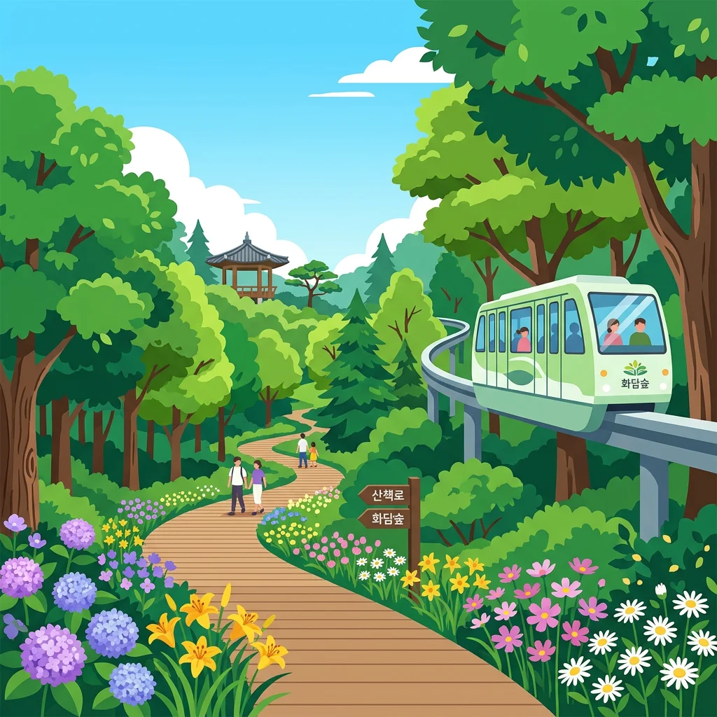 경기도 광주 화담숲의 푸른 여름 풍경과 숲 사이를 지나는 모노레일 전경