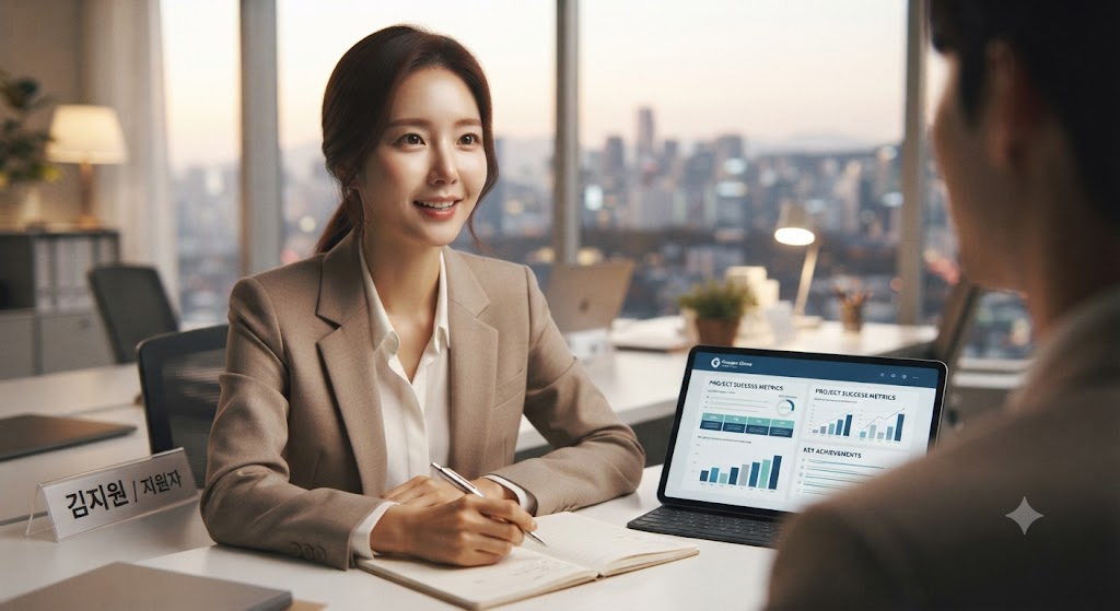 외국계 기업 면접장에서 태블릿 PC를 활용해 자신의 프로젝트 성과와 경험을 자신감 있게 설명하고 있는 전문적인 지원자의 모습