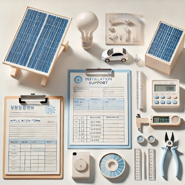하얀 배경 위에 미니 태양광 패널 모형, 신청서, 체크리스트, 측정 도구들이 정리된 전문 스튜디오 촬영 이미지 (텍스트 없음)