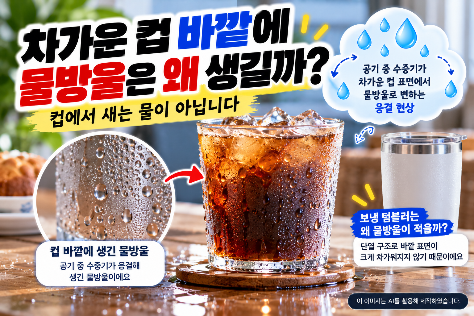 차가운 컵 바깥에 물방울이 생기는 이유와 공기 중 수증기의 응결 현상