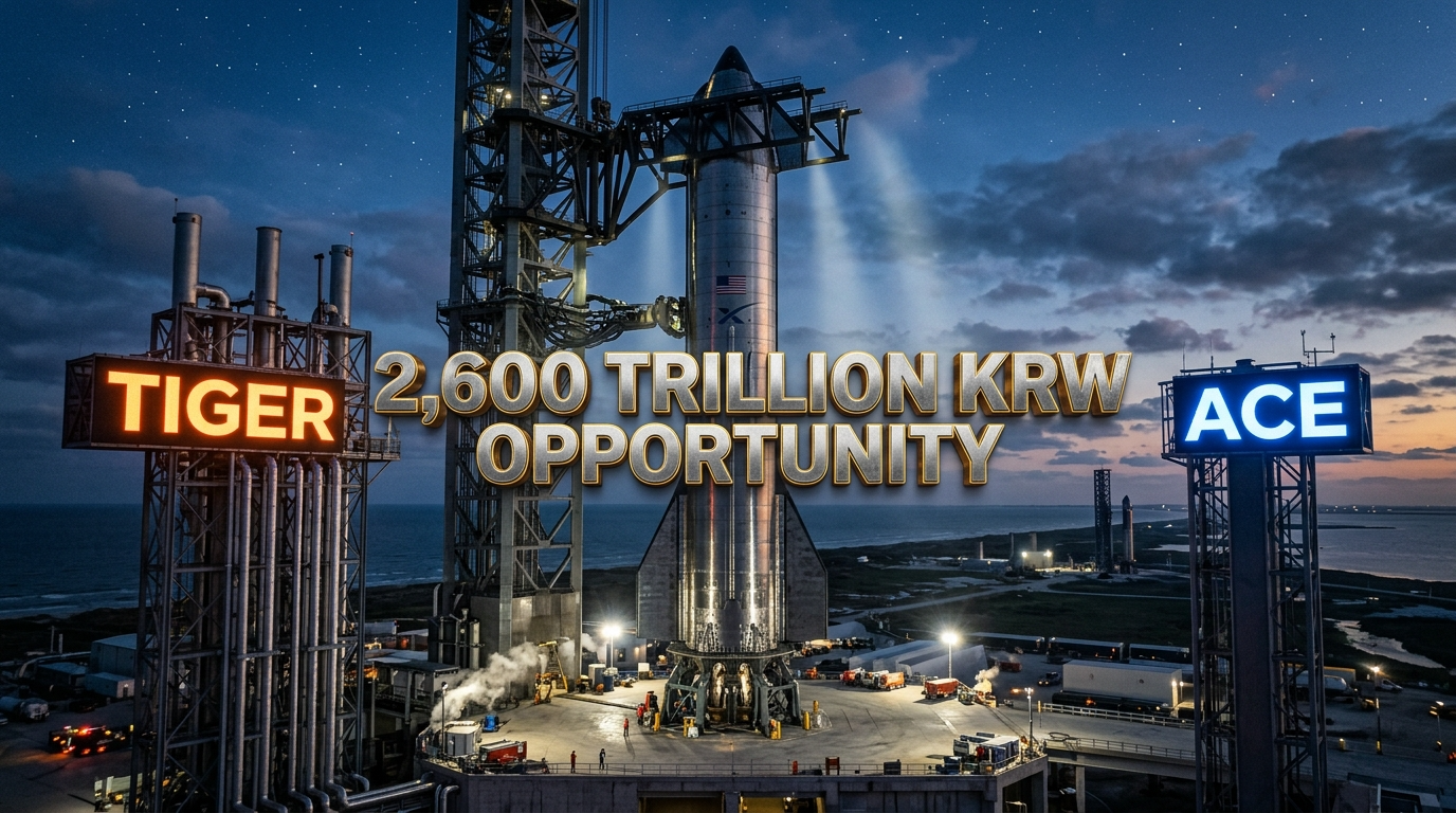 거대한 스페이스X 스타십 뒤로 대비되는 TIGER와 ACE 로고, 그리고 '2,600조 원의 기회' 문구 그래픽