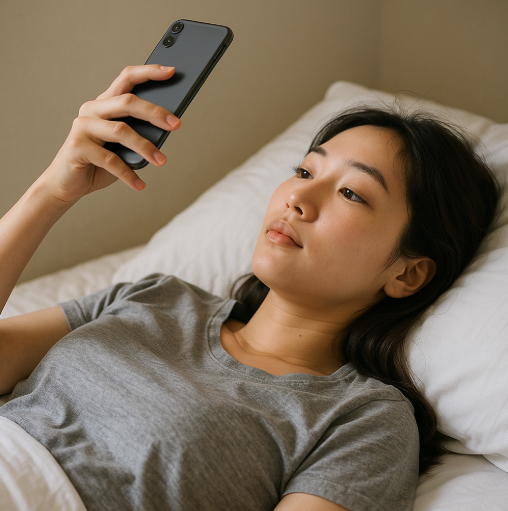 스마트폰을 손에 쥐고 누워있는 모습