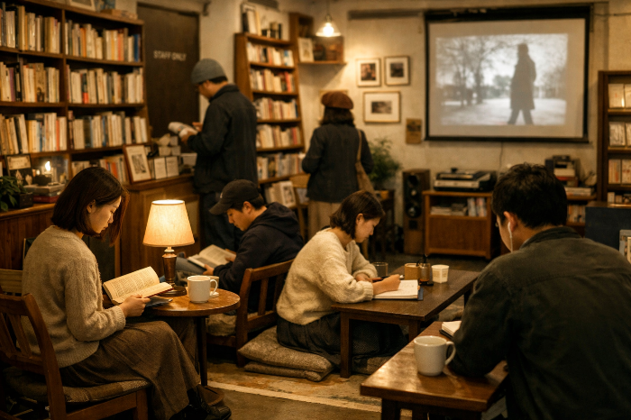 조용한 동네 공간을 이용하는 사람들