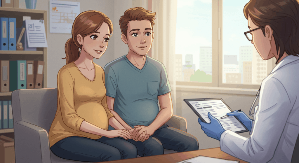 젊은 부부가 손을 잡고 산부인과 검진을 받고 있음